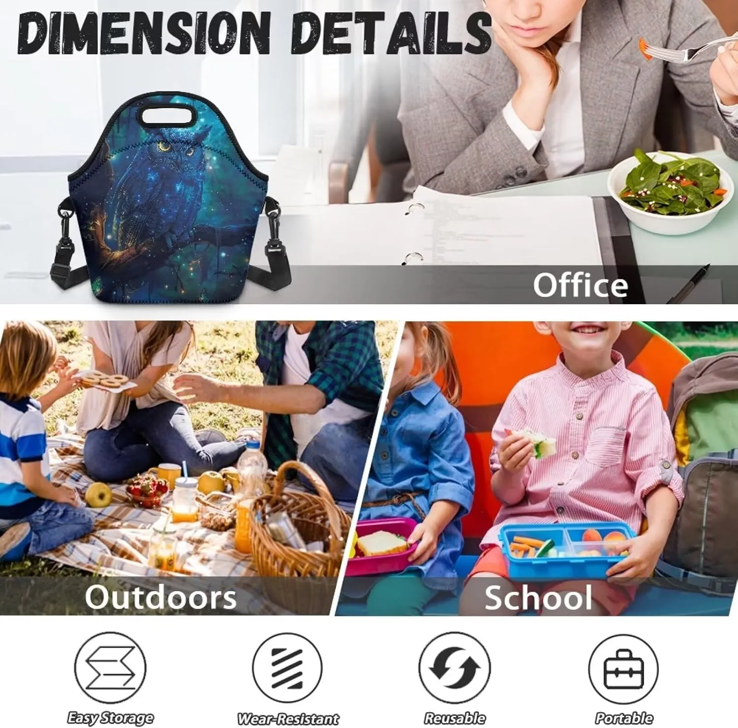 Owl Print Insulated Lunch Bag Large Capacity Lunch Box Cooler Cross-Body Meal Bag for Boys Girls Fit School or Daily Use