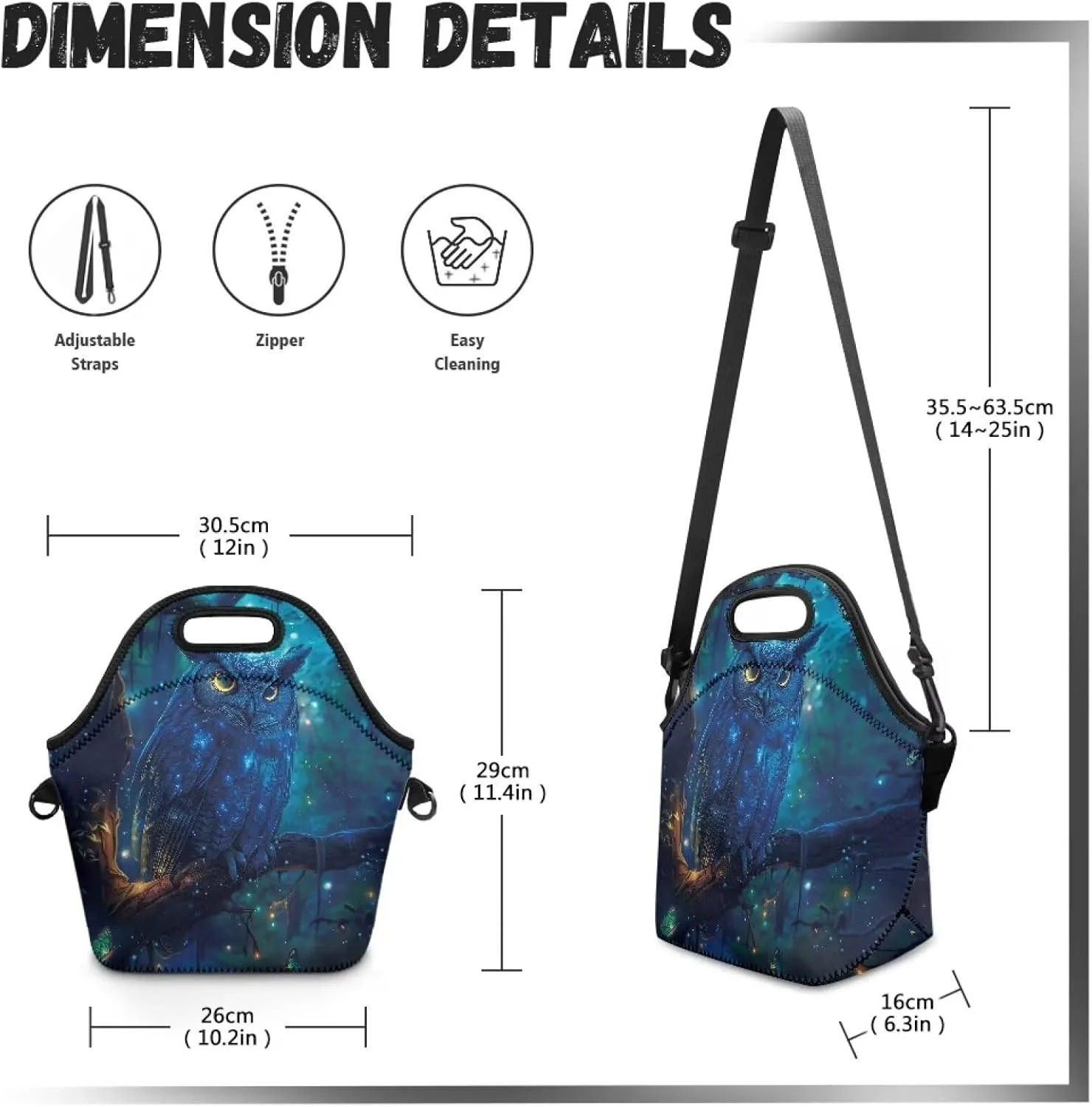 Owl Print Insulated Lunch Bag Large Capacity Lunch Box Cooler Cross-Body Meal Bag for Boys Girls Fit School or Daily Use