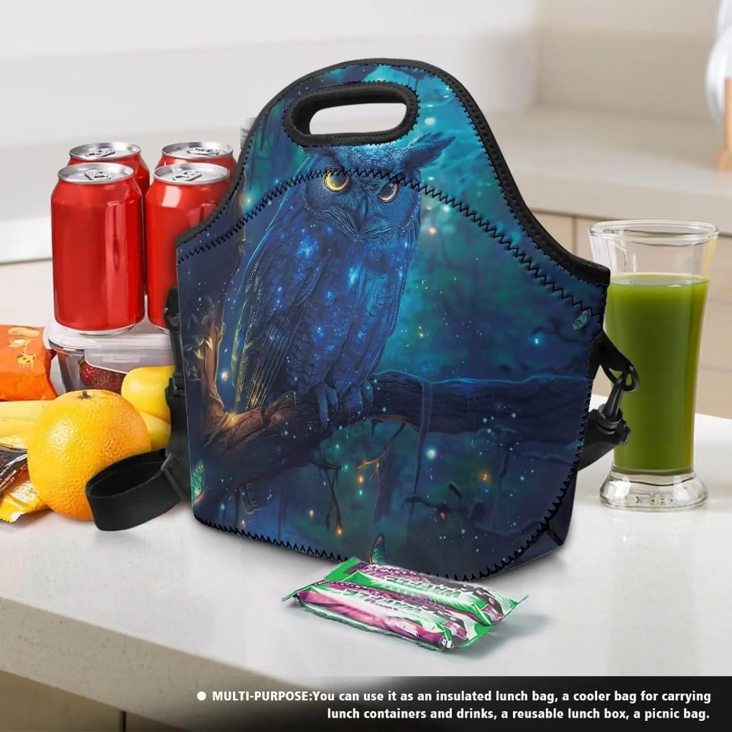 Owl Print Insulated Lunch Bag Large Capacity Lunch Box Cooler Cross-Body Meal Bag for Boys Girls Fit School or Daily Use