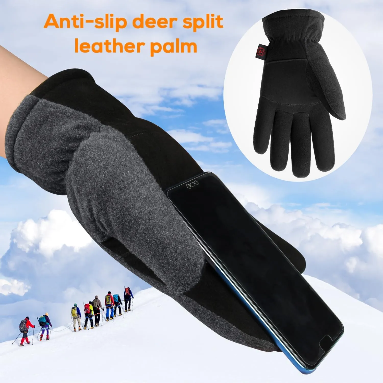 OZERO Winter Gloves for Men & Women | -30℉ Warm Thermal Running Cycling and Work Gloves for Men Cold Weather | Deerskin and Polar Fleece Insulated Winter Gloves Men