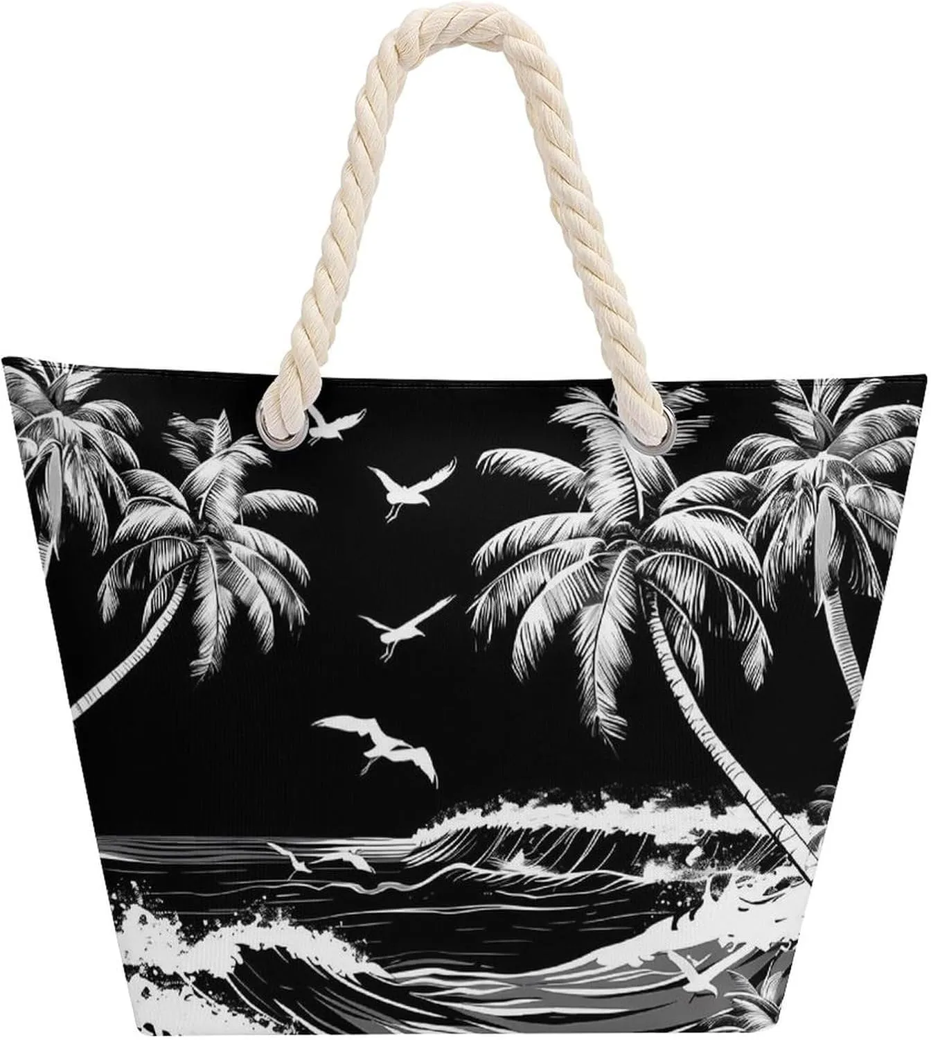 Palm Tree Black Beach Bag Large Tote Bags Shopping Travel Gym Handbags with Rope Handles