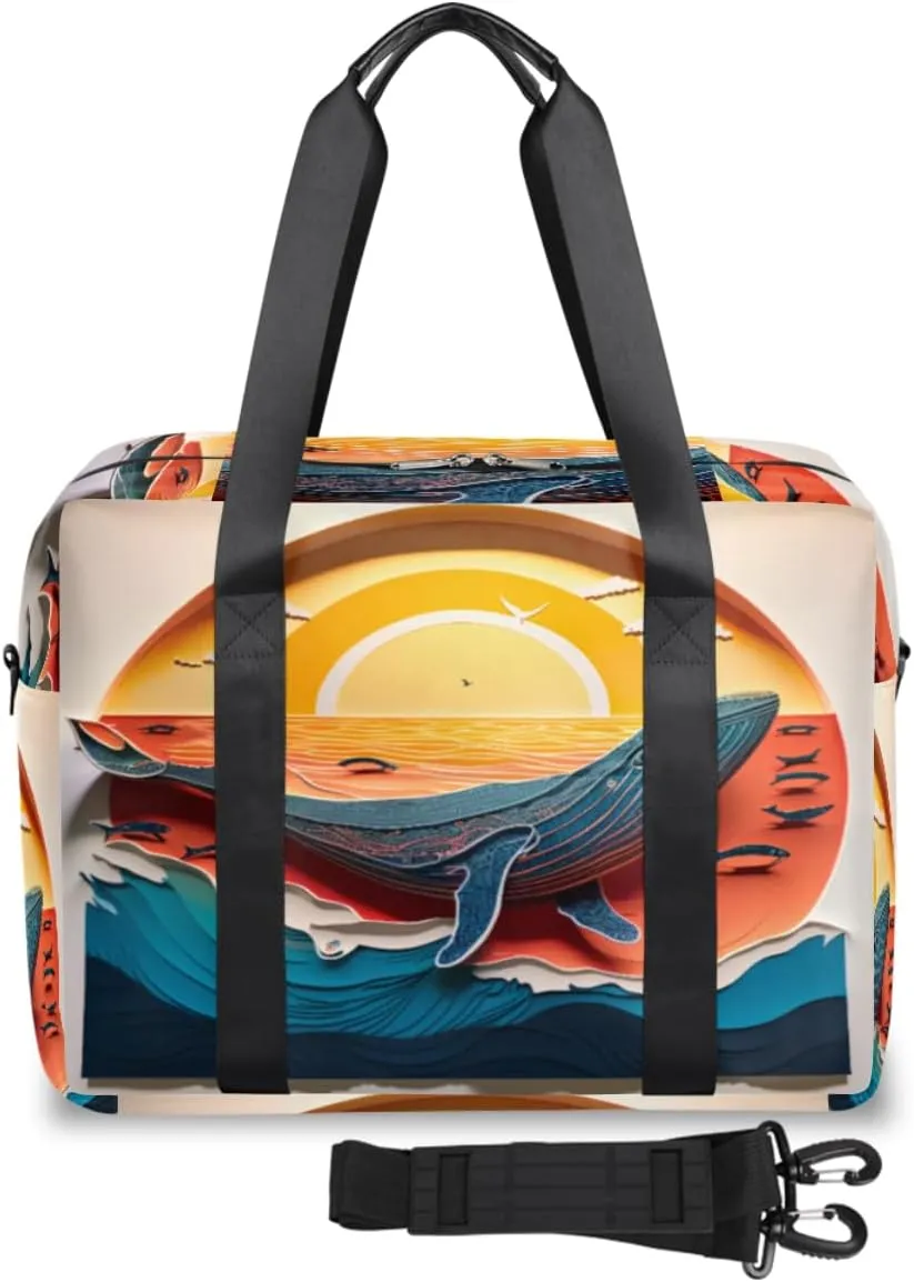 Paper Cutting Blue Whale Womens Travel Bags, Weekender Carry on for Women, Sports Gym Bag, Workout Duffel bag, Overnight Shoulder Bag