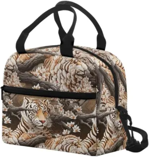 Paper Sculpture Tigers Lunch Box Men Women 6L Orange Floral Animals Insulated Lunch Bag Shoulder Belt Paper Carving Tiger Bento Bag Leakproof Tote Bag Work Travel