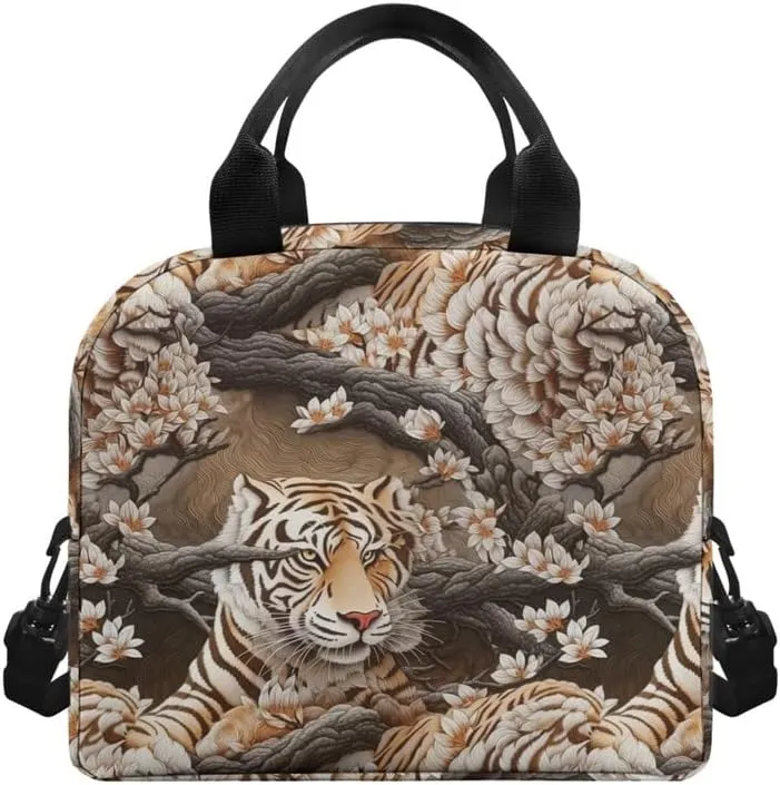 Paper Sculpture Tigers Lunch Box Men Women 6L Orange Floral Animals Insulated Lunch Bag Shoulder Belt Paper Carving Tiger Bento Bag Leakproof Tote Bag Work Travel