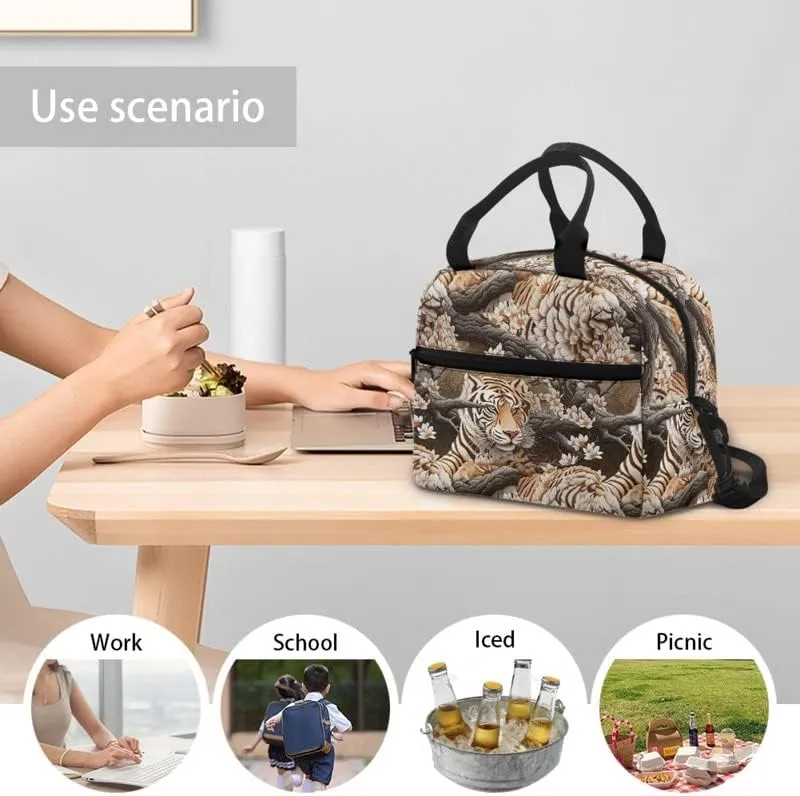 Paper Sculpture Tigers Lunch Box Men Women 6L Orange Floral Animals Insulated Lunch Bag Shoulder Belt Paper Carving Tiger Bento Bag Leakproof Tote Bag Work Travel