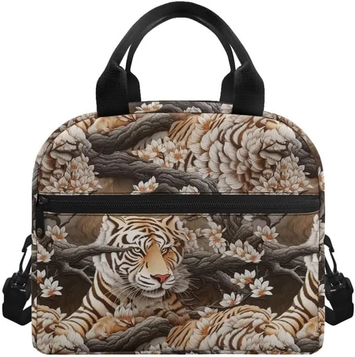 Paper Sculpture Tigers Lunch Box Men Women 6L Orange Floral Animals Insulated Lunch Bag Shoulder Belt Paper Carving Tiger Bento Bag Leakproof Tote Bag Work Travel