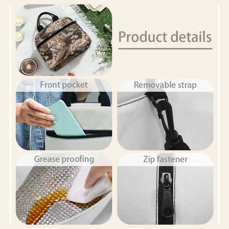 Paper Sculpture Tigers Lunch Box Men Women 6L Orange Floral Animals Insulated Lunch Bag Shoulder Belt Paper Carving Tiger Bento Bag Leakproof Tote Bag Work Travel