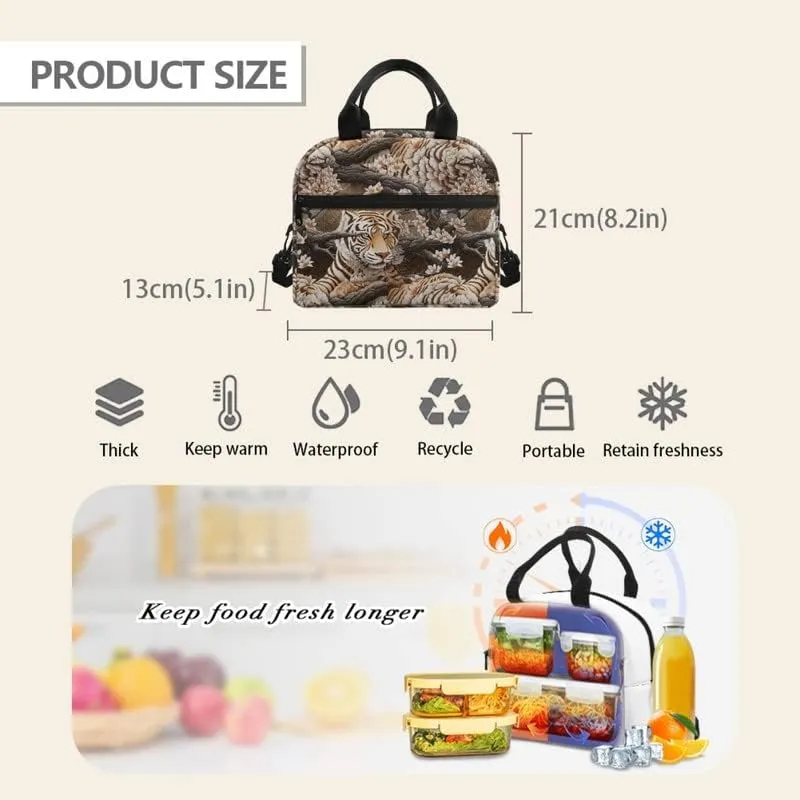 Paper Sculpture Tigers Lunch Box Men Women 6L Orange Floral Animals Insulated Lunch Bag Shoulder Belt Paper Carving Tiger Bento Bag Leakproof Tote Bag Work Travel