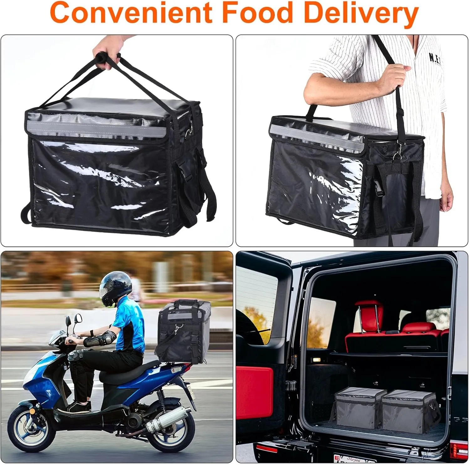 PATIKIL Pizza Delivery Bag, Black, 48L, XXL (18.1"x13.4"x13.4") Insulated Cooler Bag with Divider, Hook & Loop Closure, Shoulder Strap