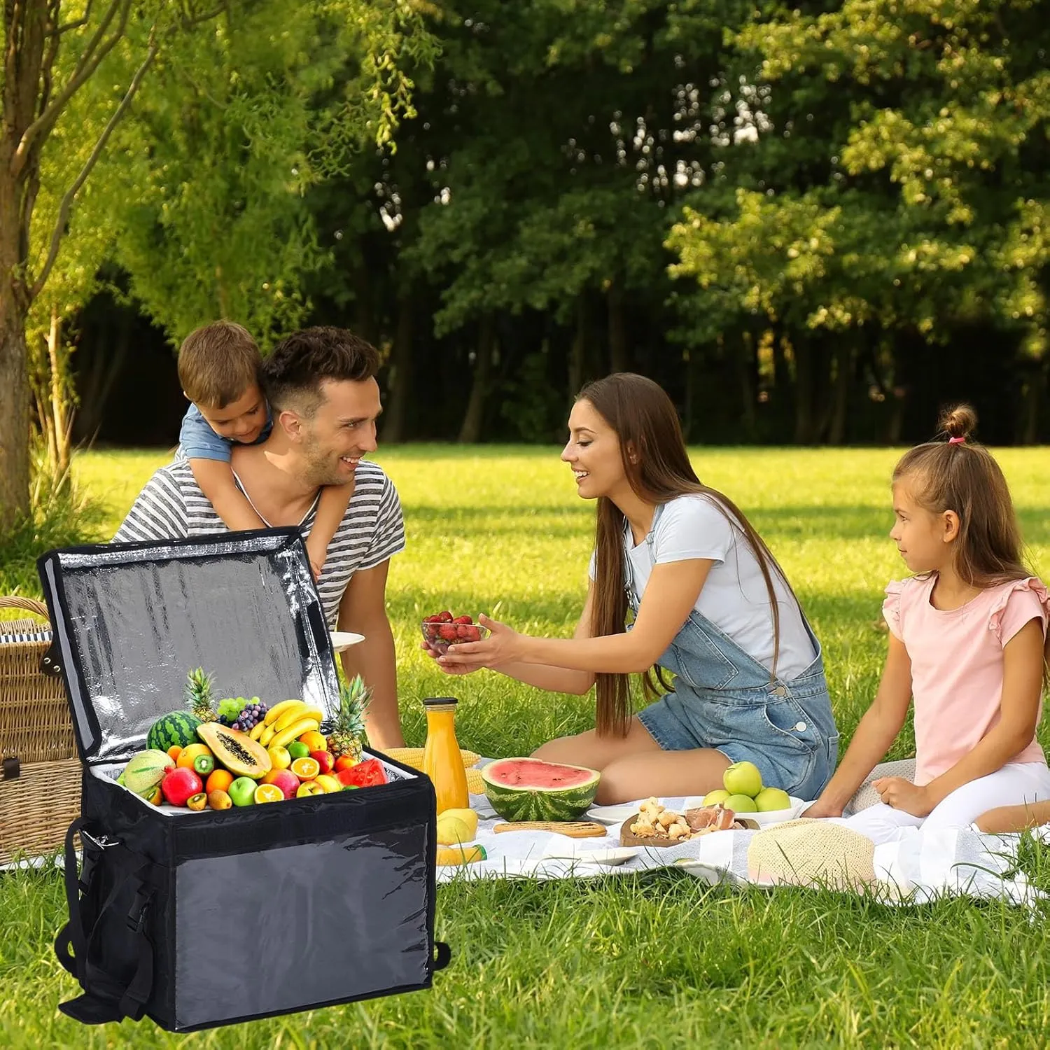 PATIKIL Pizza Delivery Bag, Black, 48L, XXL (18.1"x13.4"x13.4") Insulated Cooler Bag with Divider, Hook & Loop Closure, Shoulder Strap