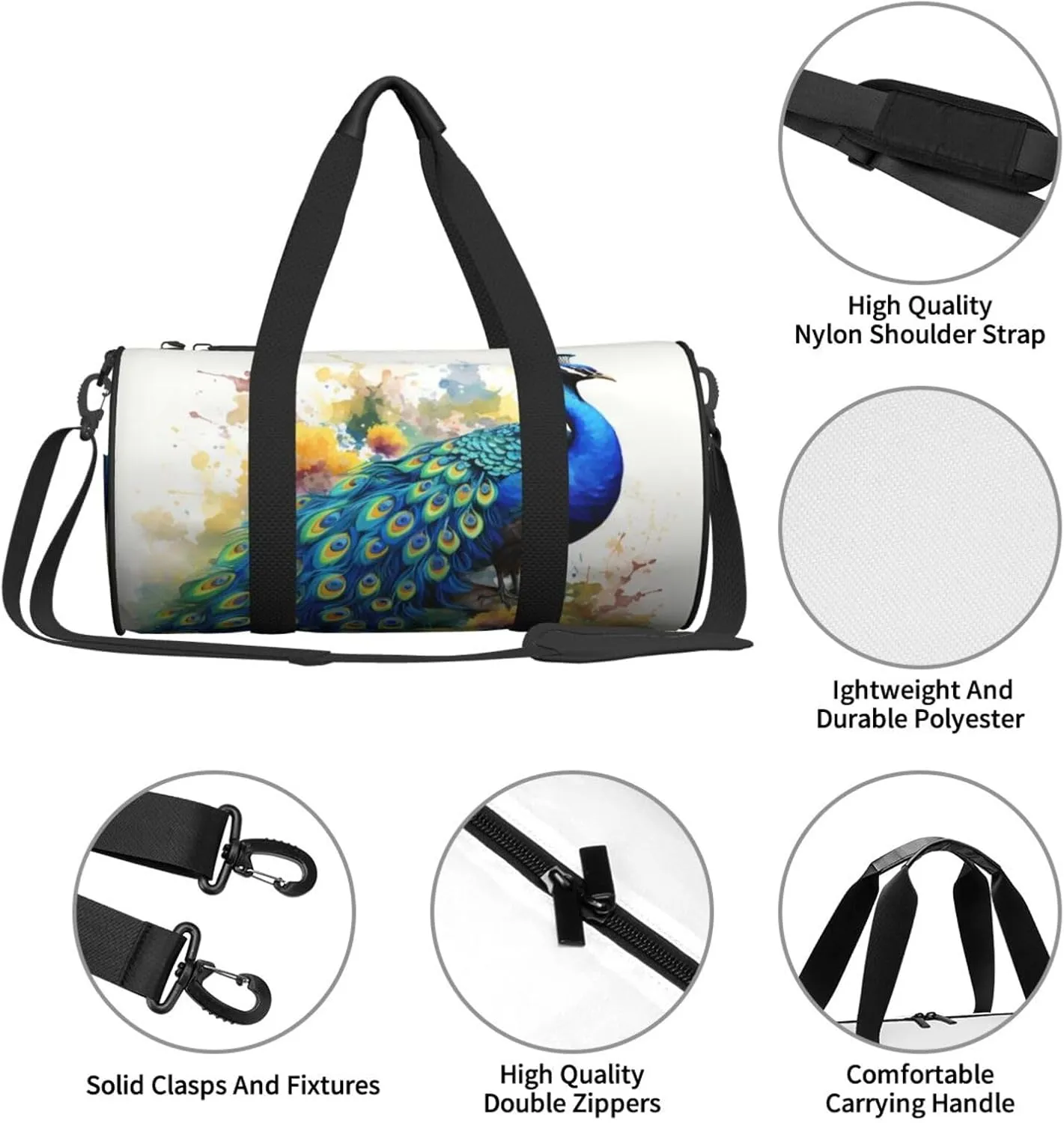 Peacock watercolor painting Travel Duffle Bag for Men Women Sport Gym Bag Foldable Weekender Bag Carry on Overnight Bag for Travel Swimming Basketball