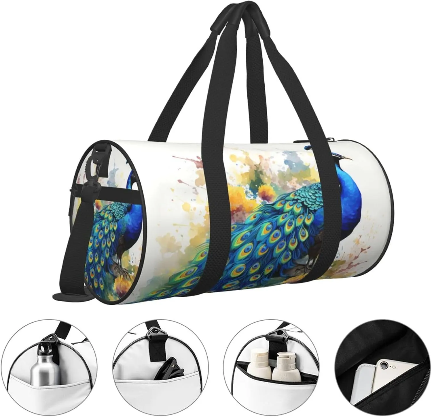 Peacock watercolor painting Travel Duffle Bag for Men Women Sport Gym Bag Foldable Weekender Bag Carry on Overnight Bag for Travel Swimming Basketball