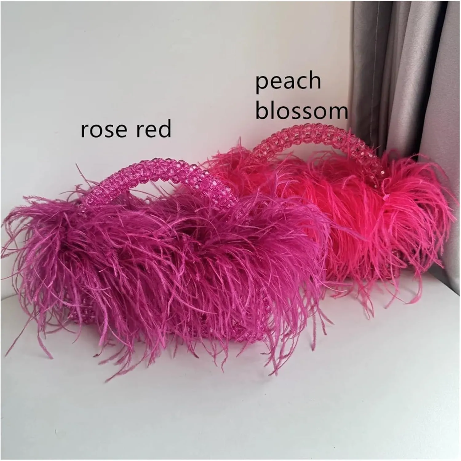 Pearl Bead Bag with Feather Fur Evening Bag Clear Acrylic Crystal Stone Box Tote Handbag Women Handmade Party Purse(Blink,25x7.5x10cm)
