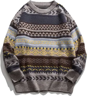 PEHMEA Men's Vintage Striped Sweater Oversized Knitted Pullover Crewneck Long Sleeve Colorblock Jumper Tops