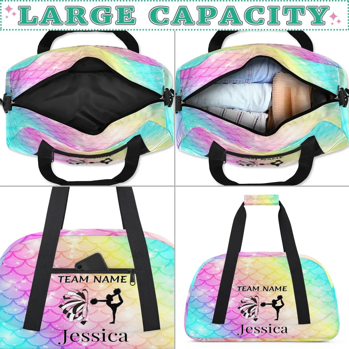 Personalised Cheer Sports Bags, Custom Cheerleader Silhouette Gym Duffle Bag Cheerleading Bags Travel Duffel Bag, Overnight Weekender Bags, Fish Scale Glitter