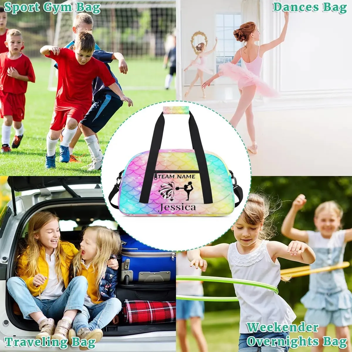 Personalised Cheer Sports Bags, Custom Cheerleader Silhouette Gym Duffle Bag Cheerleading Bags Travel Duffel Bag, Overnight Weekender Bags, Fish Scale Glitter