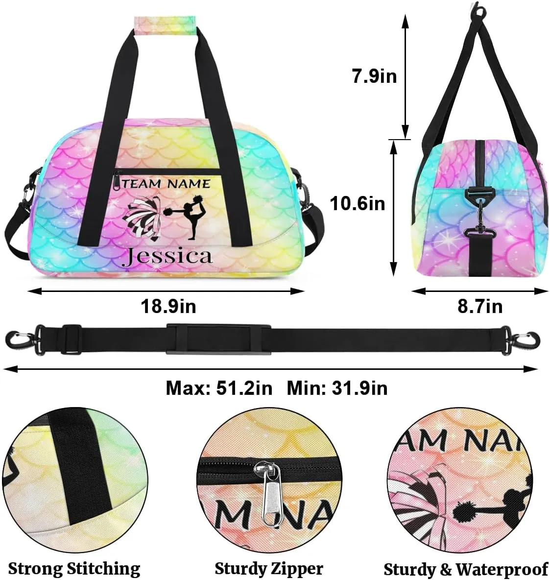 Personalised Cheer Sports Bags, Custom Cheerleader Silhouette Gym Duffle Bag Cheerleading Bags Travel Duffel Bag, Overnight Weekender Bags, Fish Scale Glitter