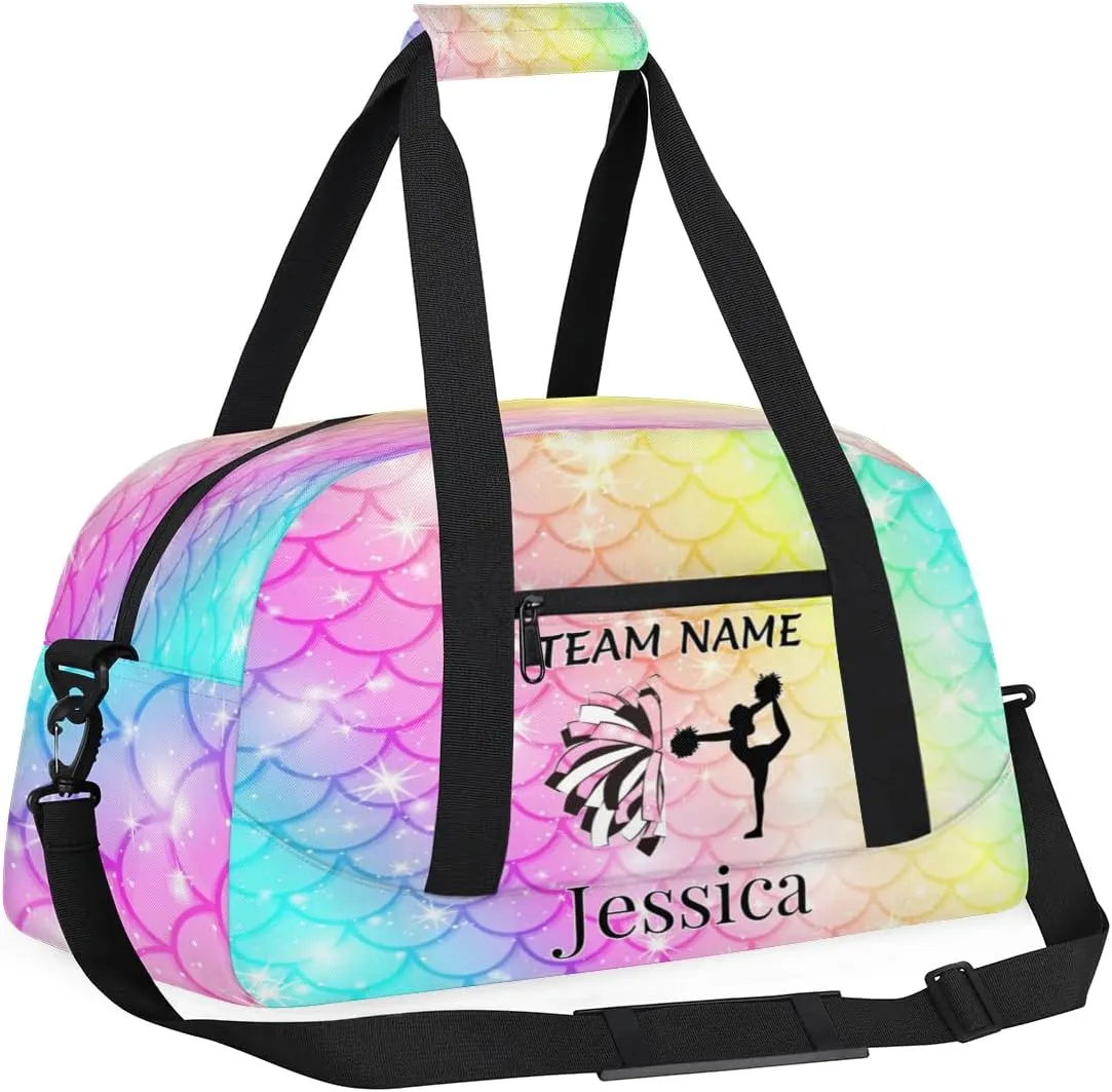 Personalised Cheer Sports Bags, Custom Cheerleader Silhouette Gym Duffle Bag Cheerleading Bags Travel Duffel Bag, Overnight Weekender Bags, Fish Scale Glitter