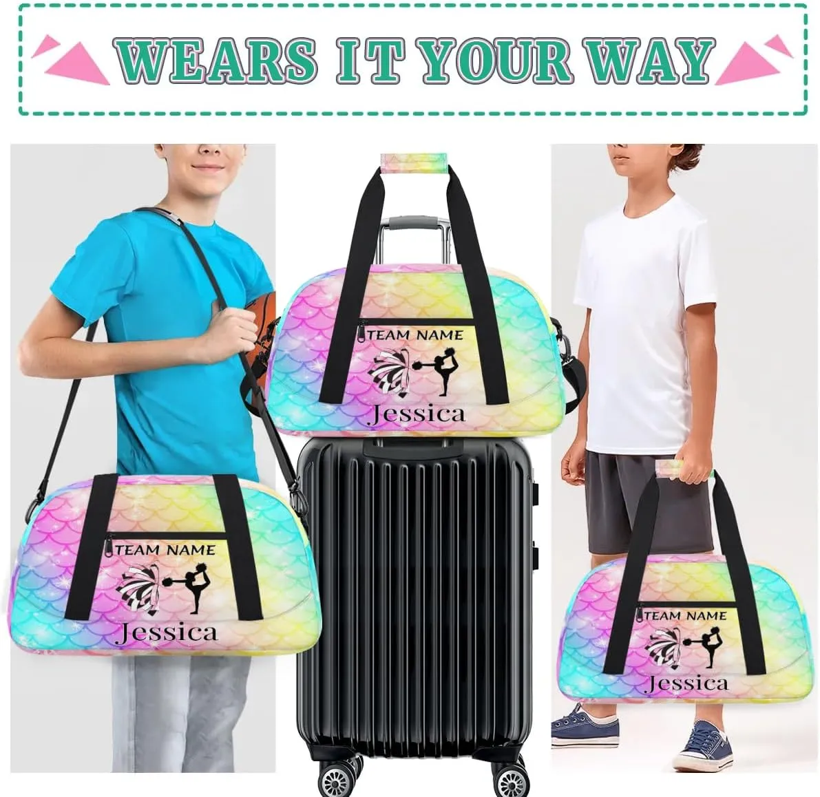 Personalised Cheer Sports Bags, Custom Cheerleader Silhouette Gym Duffle Bag Cheerleading Bags Travel Duffel Bag, Overnight Weekender Bags, Fish Scale Glitter