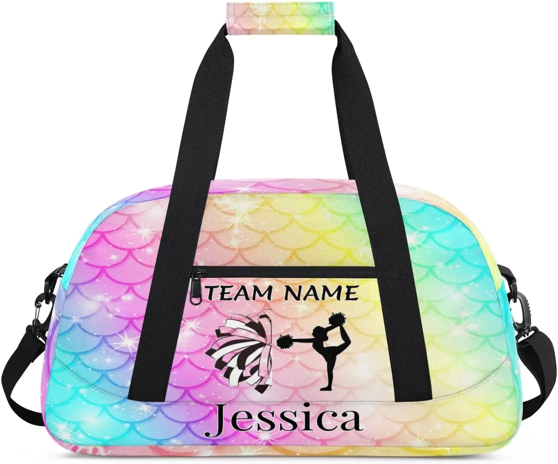 Personalised Cheer Sports Bags, Custom Cheerleader Silhouette Gym Duffle Bag Cheerleading Bags Travel Duffel Bag, Overnight Weekender Bags, Fish Scale Glitter