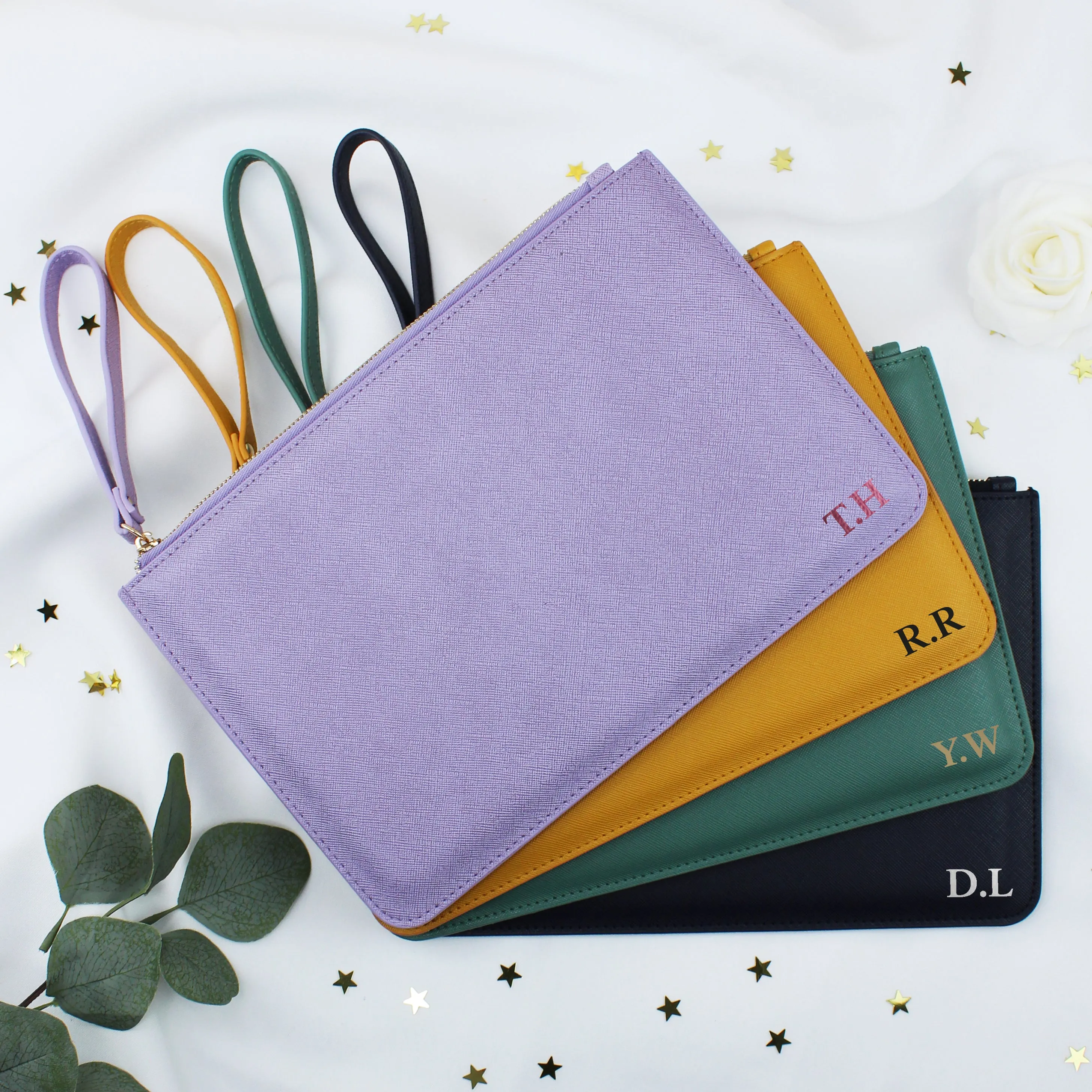 Personalised Monogrammed PU Leather Clutch Bag with Wristlet - Any Initials