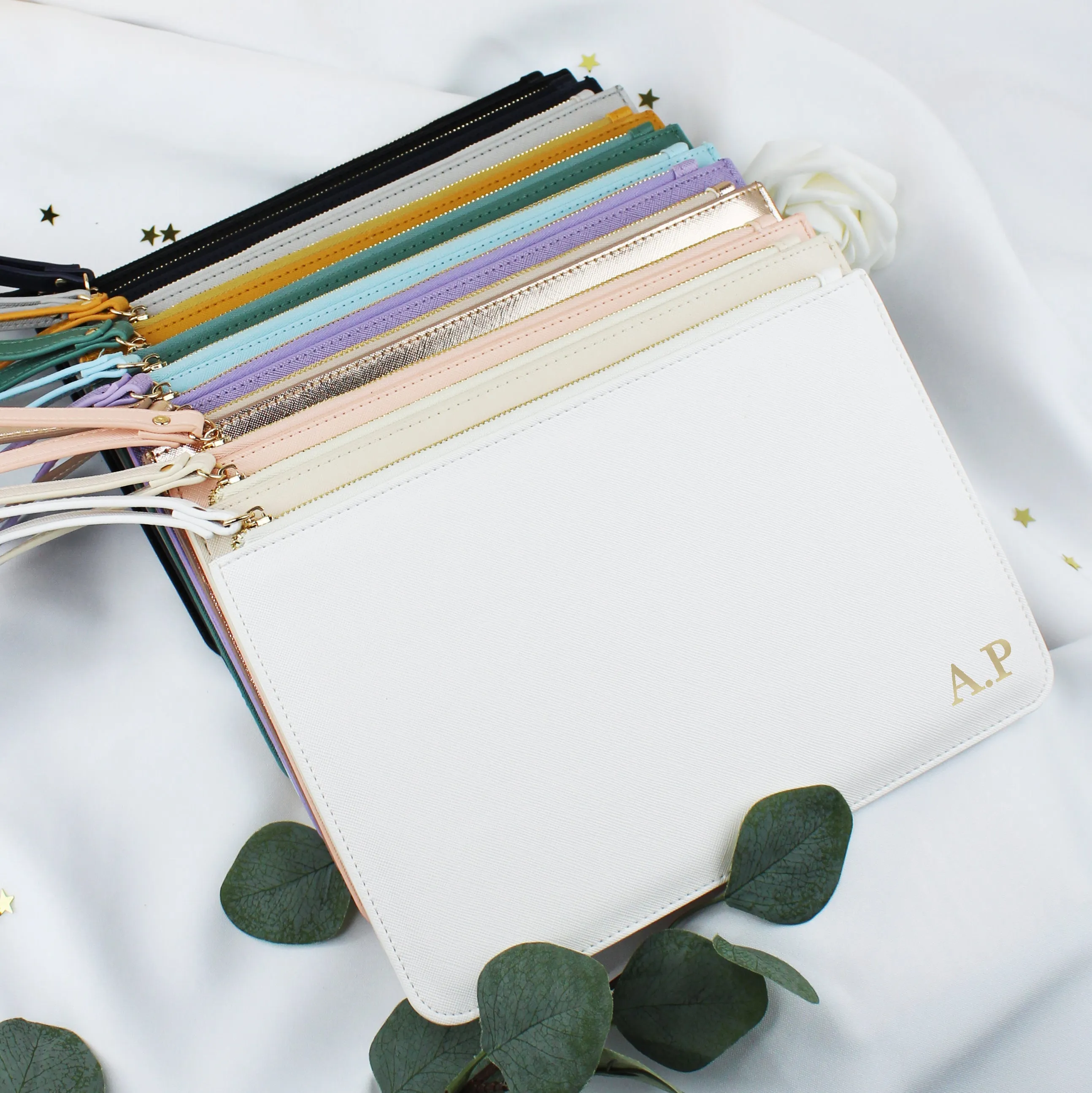 Personalised Monogrammed PU Leather Clutch Bag with Wristlet - Any Initials