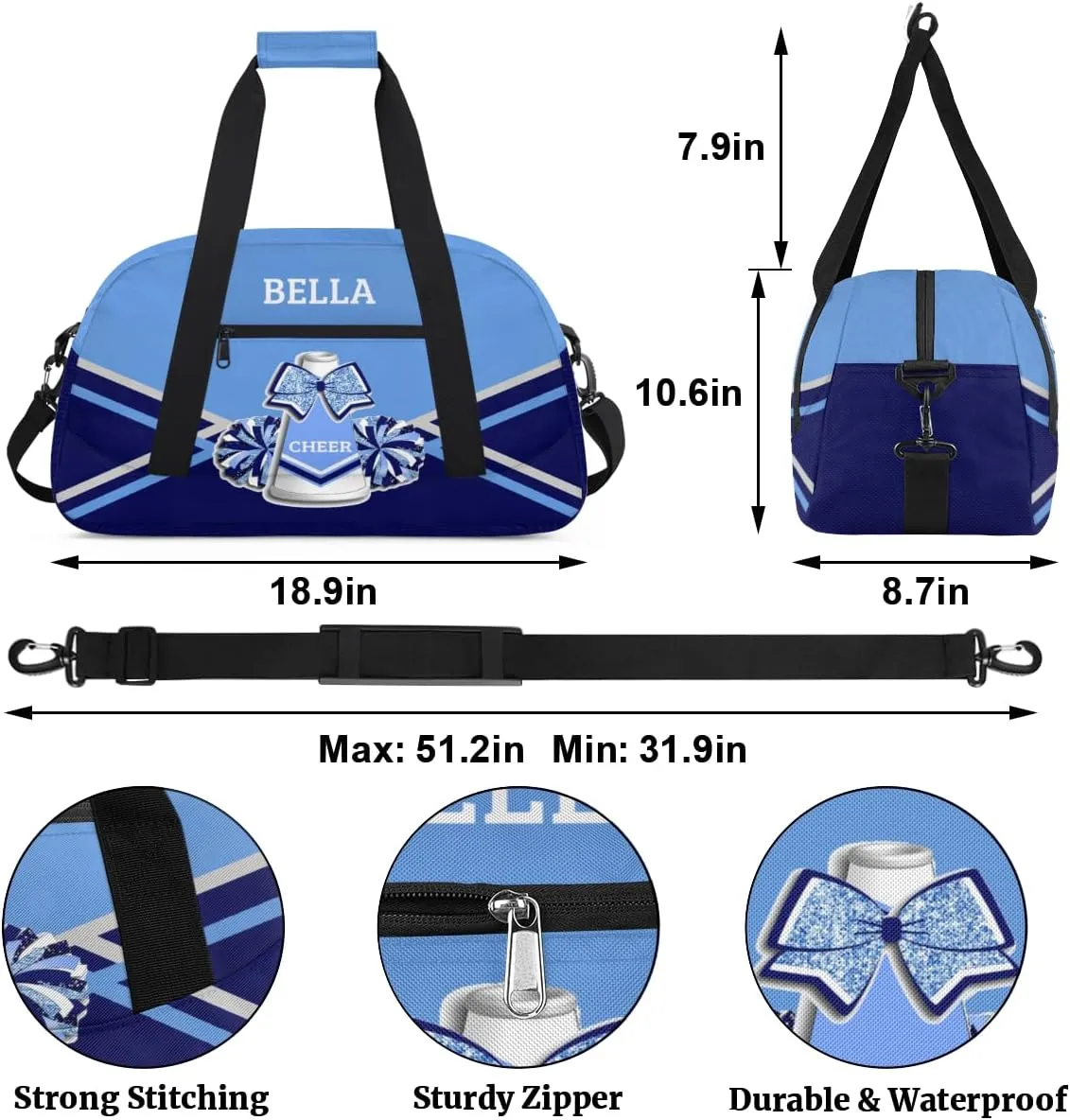 Personalized Cheer Bag Dance Bag for Girl, Custom Gym Bag Sport Duffel Bag, Weekender Bags Travel Duffel Bag Blue Sliver Cheerleader