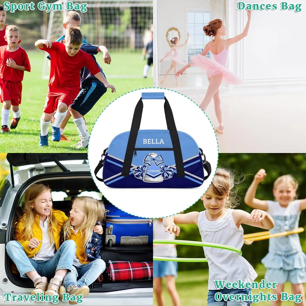 Personalized Cheer Bag Dance Bag for Girl, Custom Gym Bag Sport Duffel Bag, Weekender Bags Travel Duffel Bag Blue Sliver Cheerleader