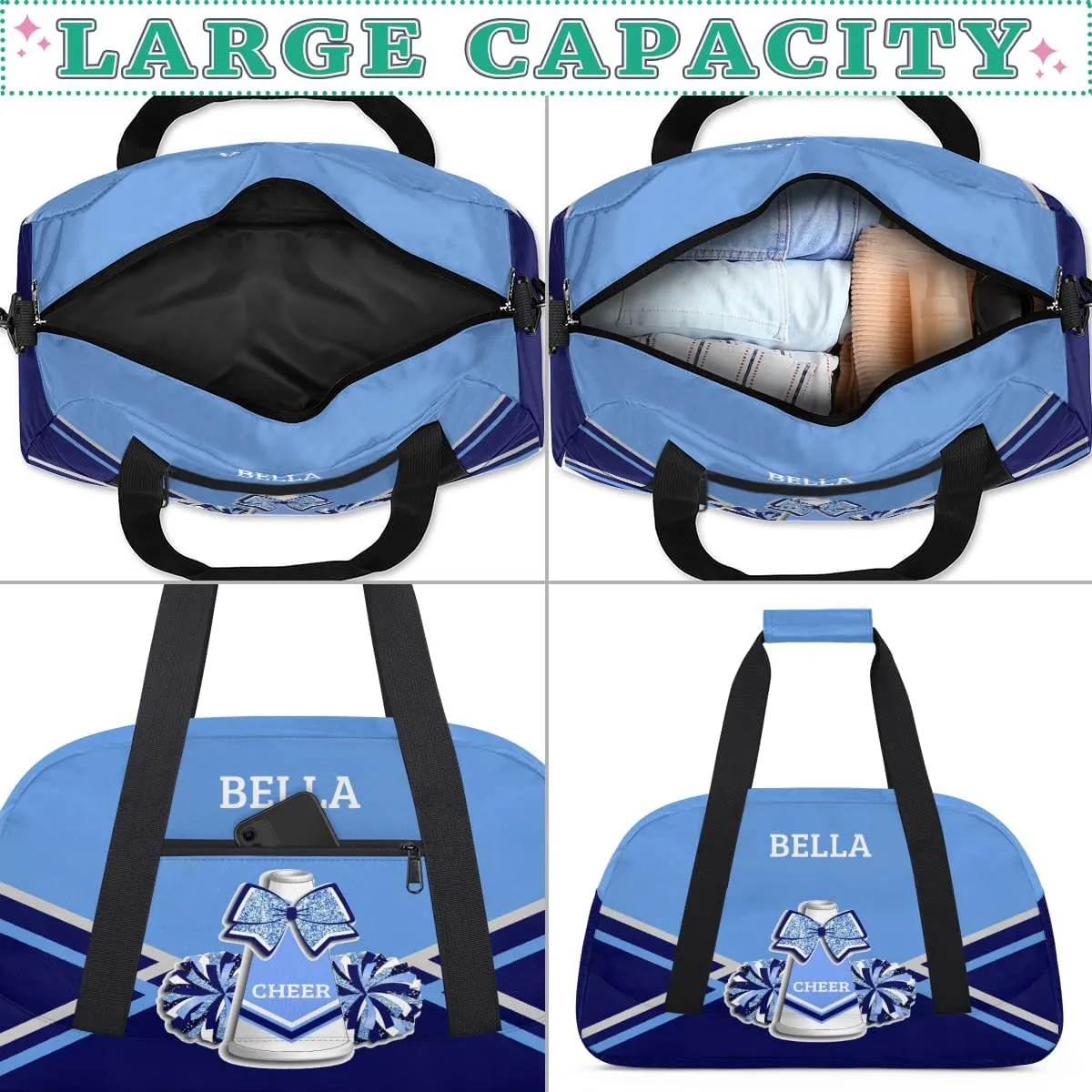 Personalized Cheer Bag Dance Bag for Girl, Custom Gym Bag Sport Duffel Bag, Weekender Bags Travel Duffel Bag Blue Sliver Cheerleader