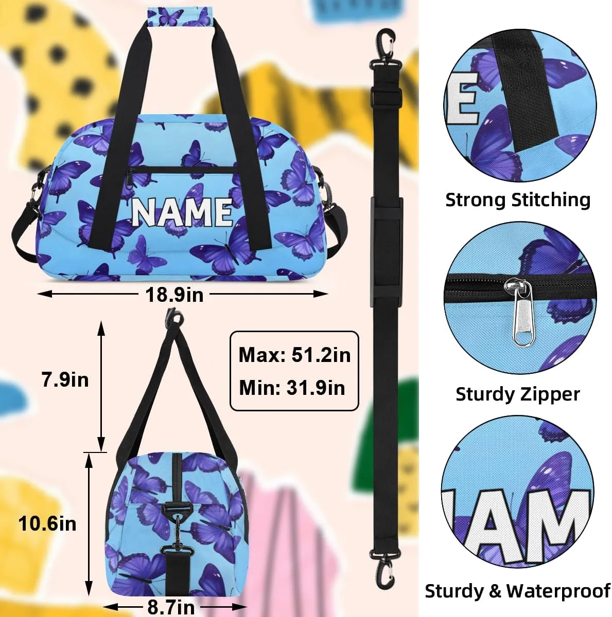 Personalized Custom Gym Bag for Women Men Carry on Cute Butterfly Travel Duffel Tote Purple Modern Overnight Workout Weekender Bag