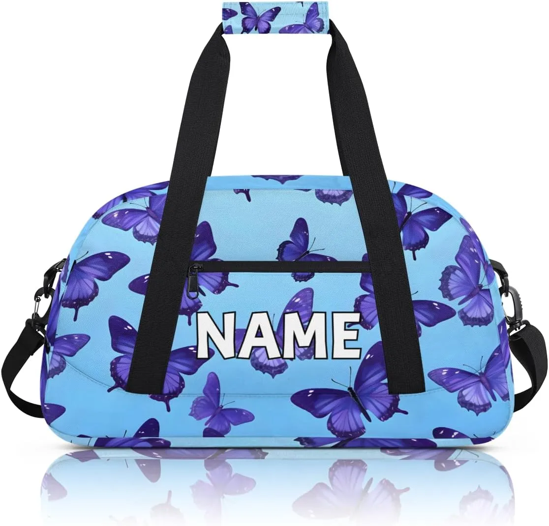 Personalized Custom Gym Bag for Women Men Carry on Cute Butterfly Travel Duffel Tote Purple Modern Overnight Workout Weekender Bag