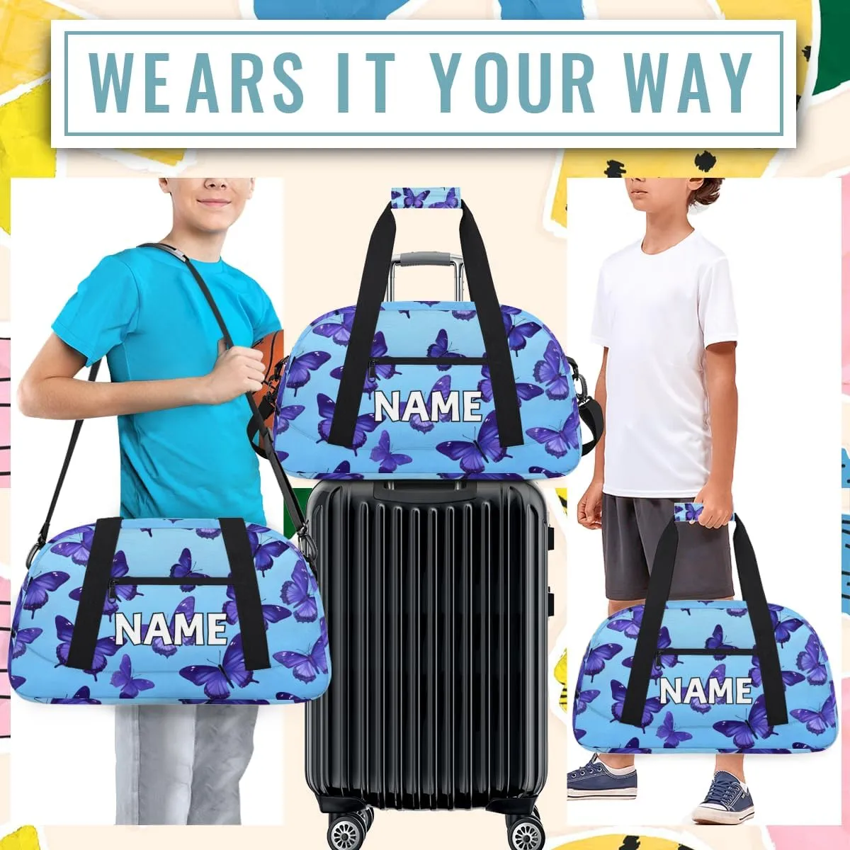 Personalized Custom Gym Bag for Women Men Carry on Cute Butterfly Travel Duffel Tote Purple Modern Overnight Workout Weekender Bag
