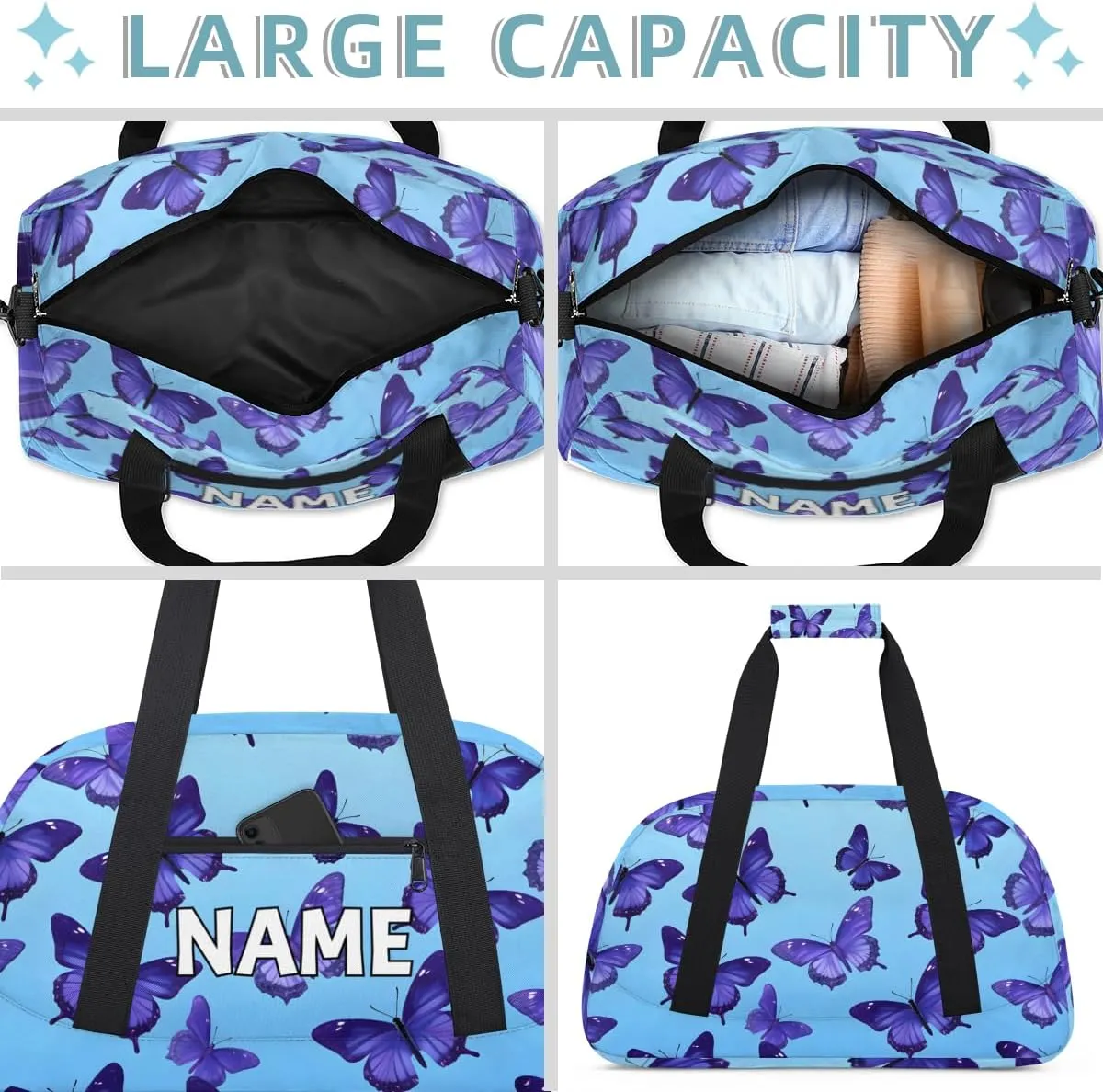Personalized Custom Gym Bag for Women Men Carry on Cute Butterfly Travel Duffel Tote Purple Modern Overnight Workout Weekender Bag
