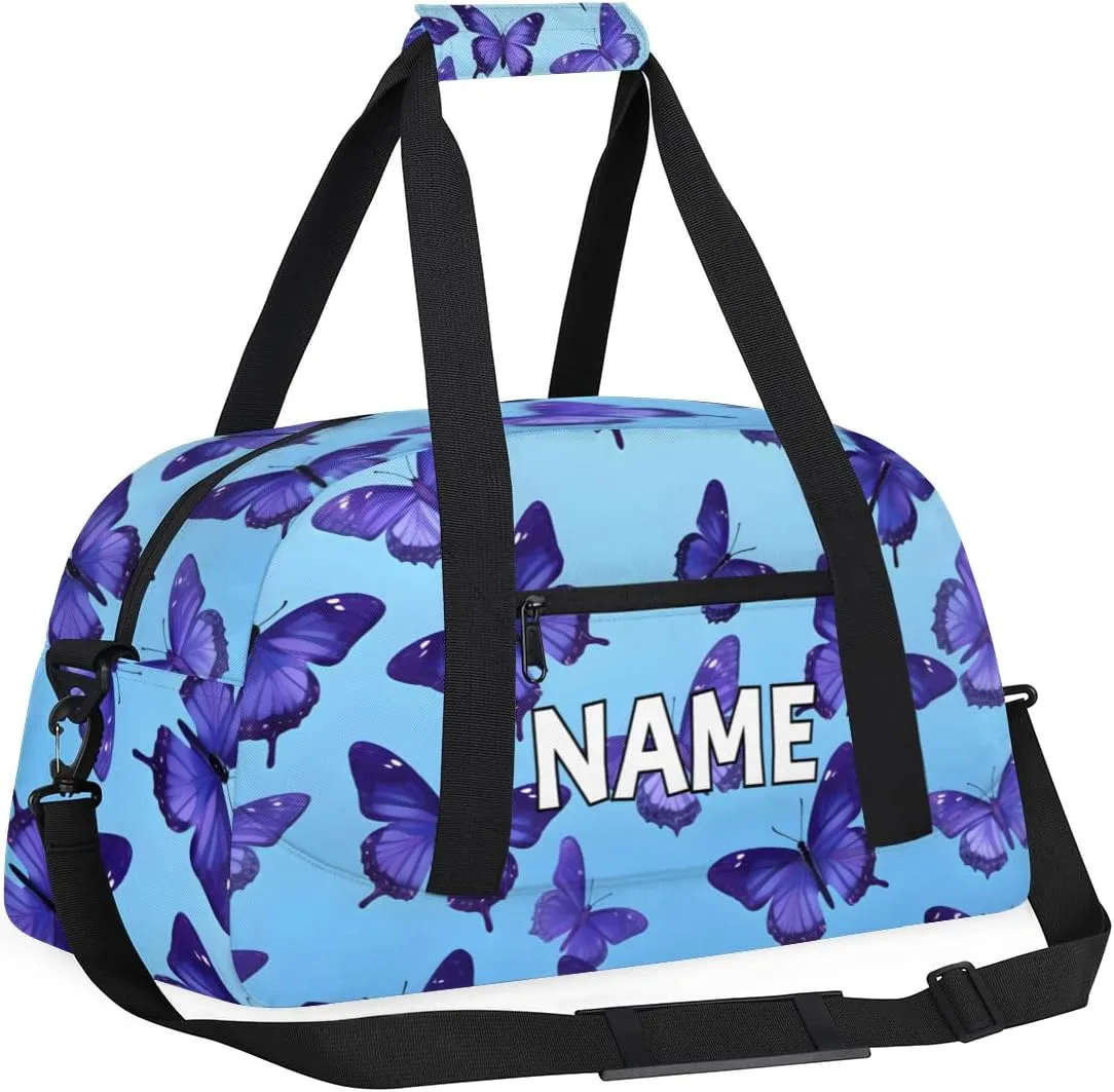 Personalized Custom Gym Bag for Women Men Carry on Cute Butterfly Travel Duffel Tote Purple Modern Overnight Workout Weekender Bag