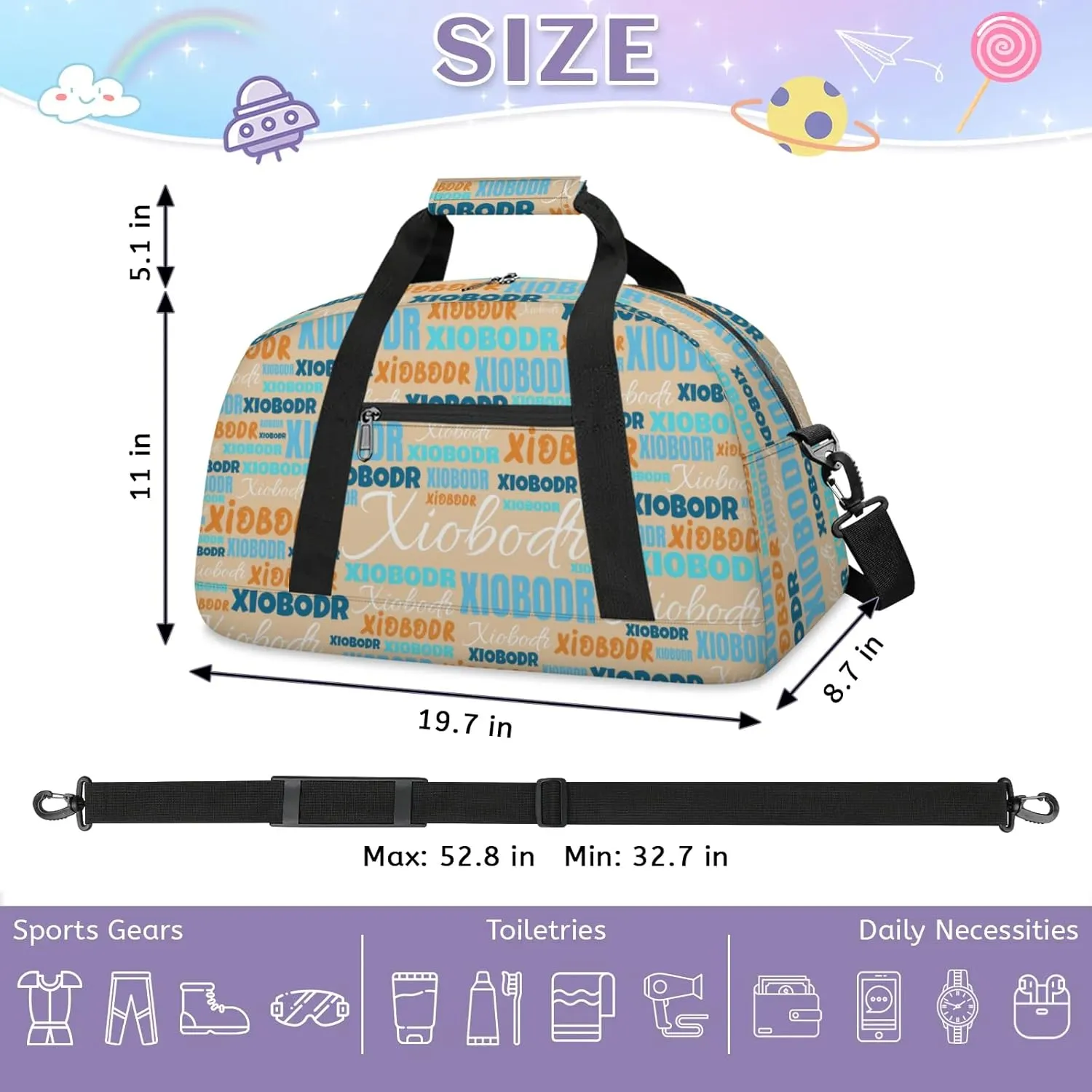 Personalized Cute Duffle Bag - Custom Name Kids Sports Bag, Sleepover Bags for Girls, Lightweight Toddler Boys Overnight Bag for Weekender Travel Cheer Dance Ball Game, Apricot Multiple Text