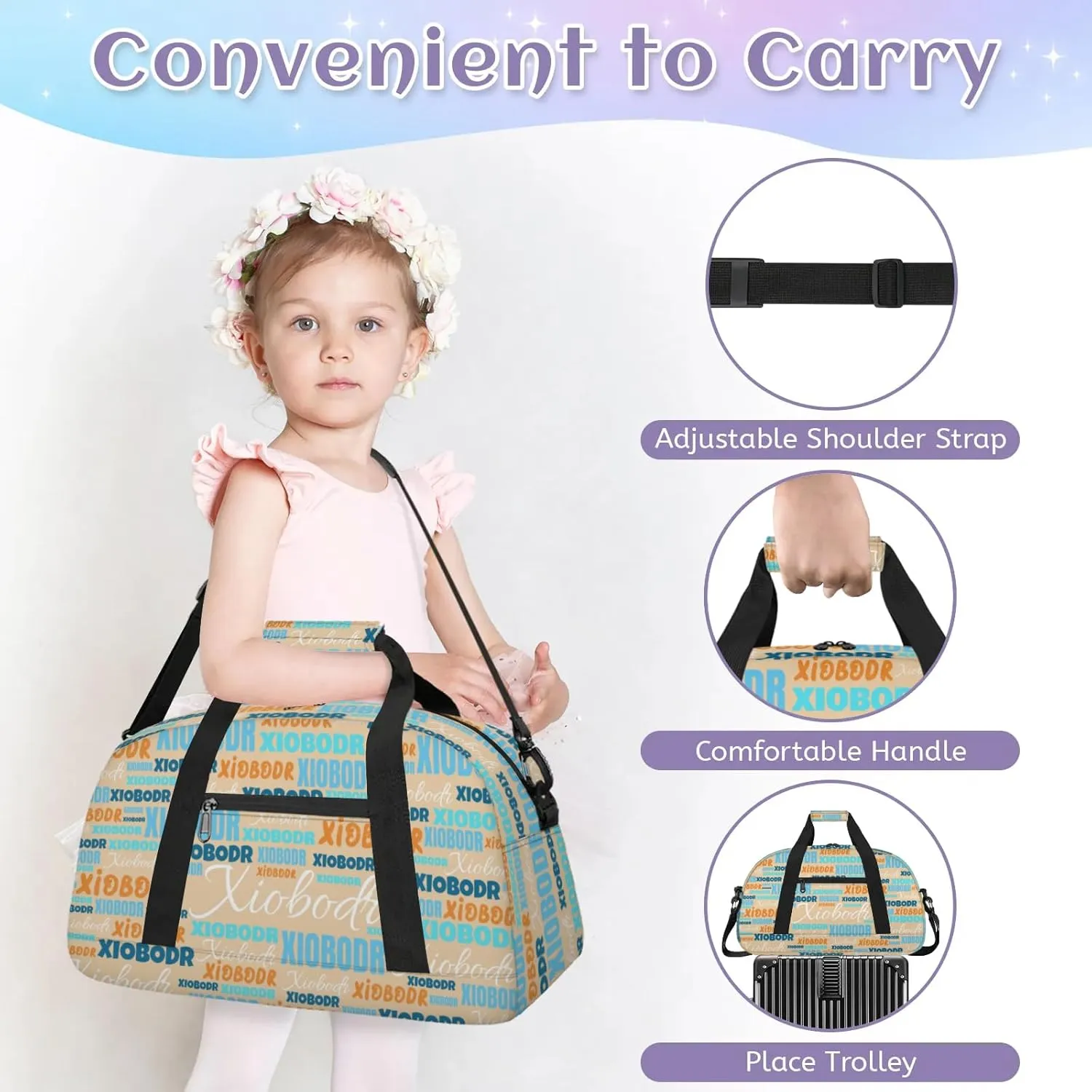 Personalized Cute Duffle Bag - Custom Name Kids Sports Bag, Sleepover Bags for Girls, Lightweight Toddler Boys Overnight Bag for Weekender Travel Cheer Dance Ball Game, Apricot Multiple Text