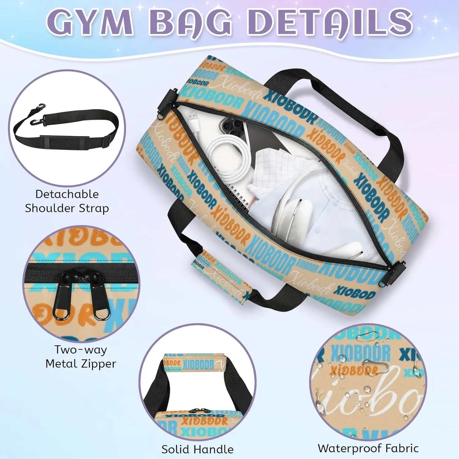 Personalized Cute Duffle Bag - Custom Name Kids Sports Bag, Sleepover Bags for Girls, Lightweight Toddler Boys Overnight Bag for Weekender Travel Cheer Dance Ball Game, Apricot Multiple Text