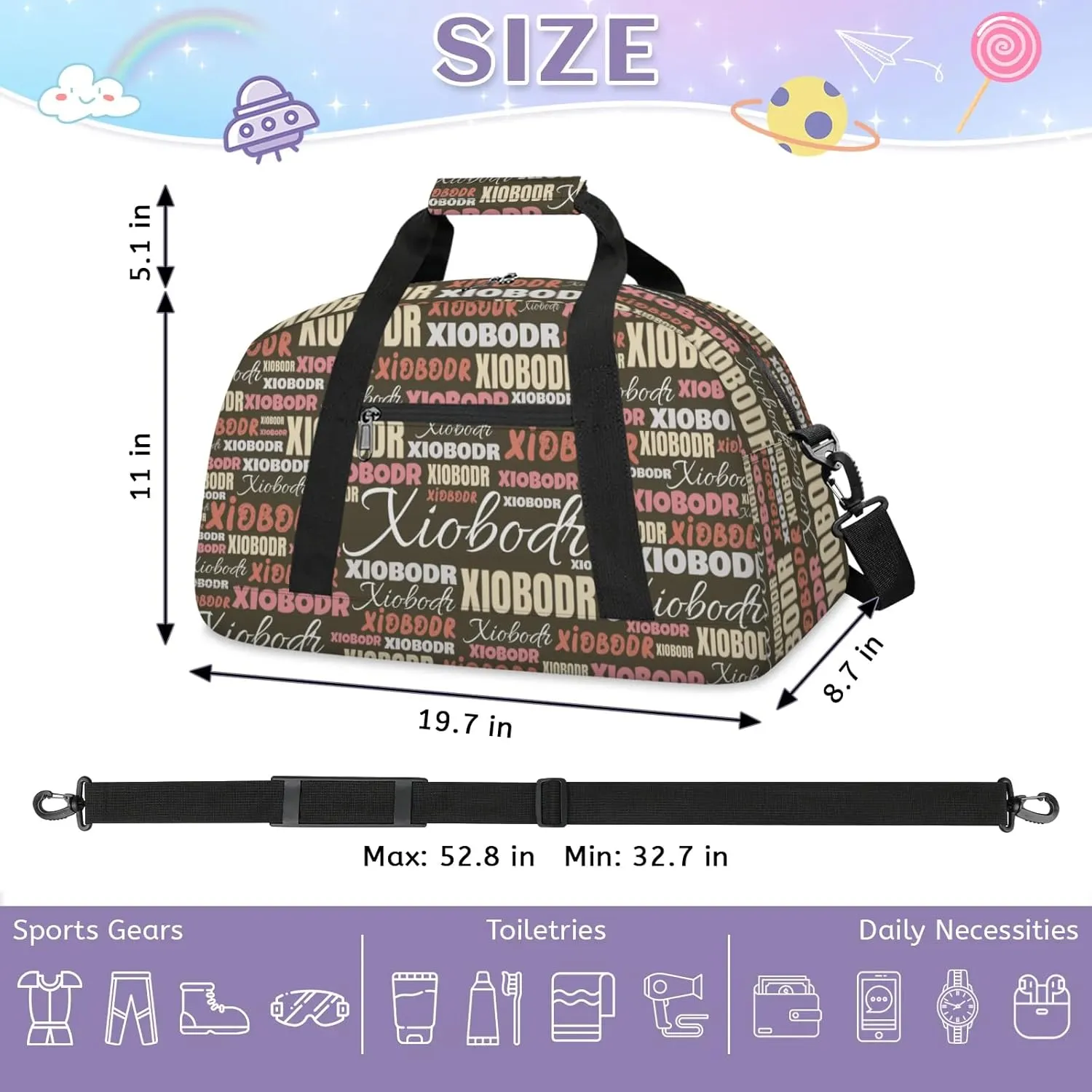 Personalized Cute Duffle Bag - Custom Name Kids Sports Bag, Sleepover Bags for Girls, Lightweight Toddler Boys Overnight Bag for Weekender Travel Cheer Dance Ball Game, Brown Pink