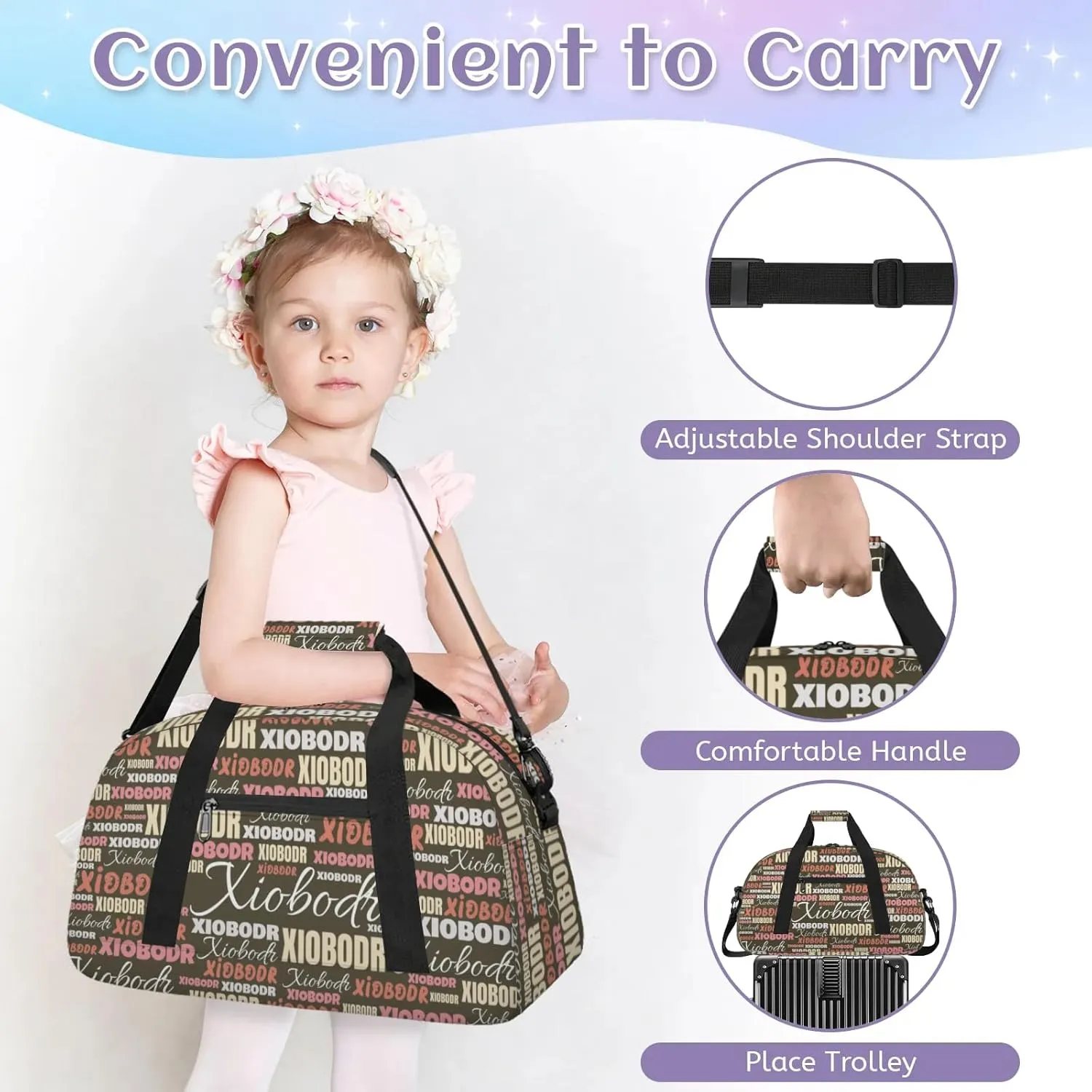 Personalized Cute Duffle Bag - Custom Name Kids Sports Bag, Sleepover Bags for Girls, Lightweight Toddler Boys Overnight Bag for Weekender Travel Cheer Dance Ball Game, Brown Pink