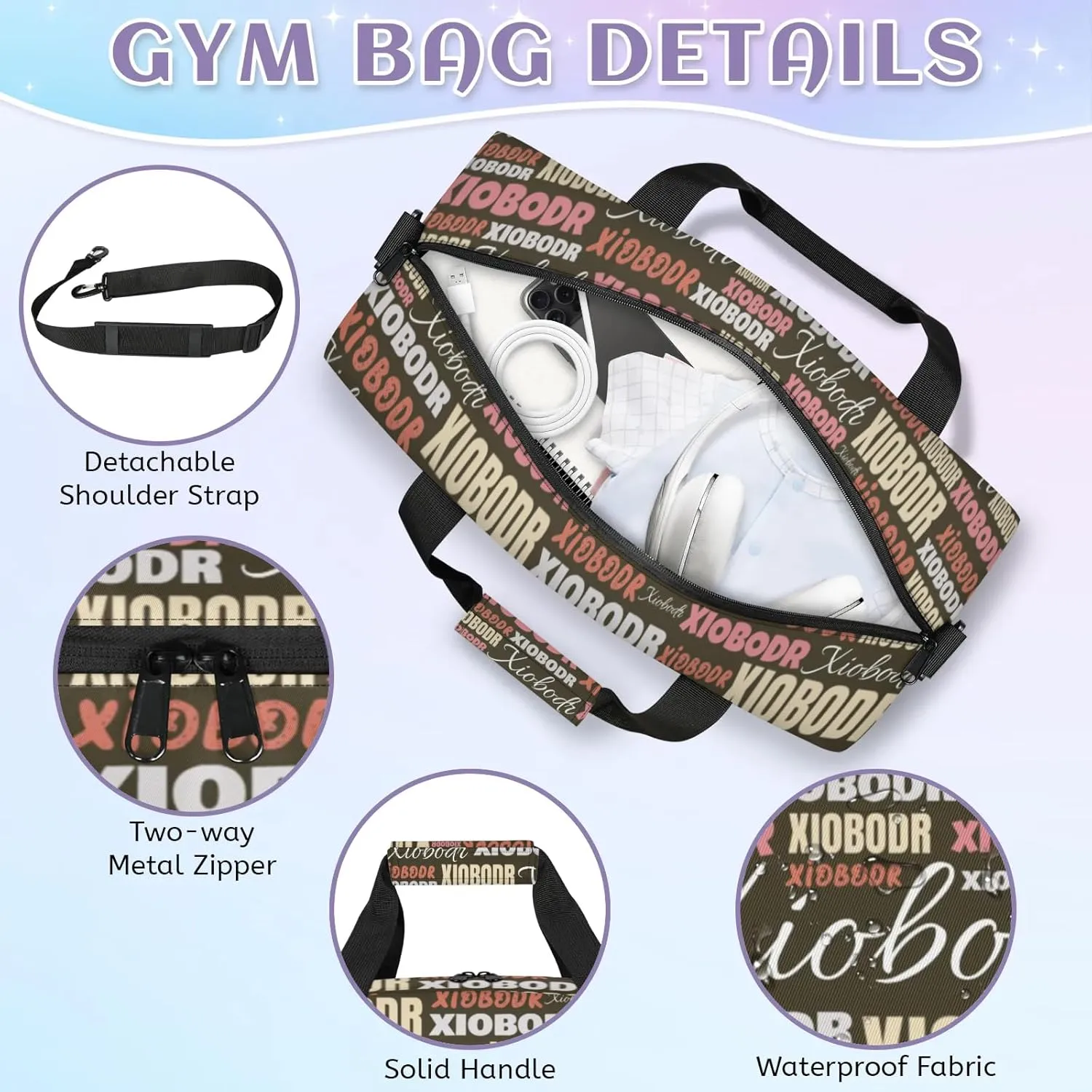 Personalized Cute Duffle Bag - Custom Name Kids Sports Bag, Sleepover Bags for Girls, Lightweight Toddler Boys Overnight Bag for Weekender Travel Cheer Dance Ball Game, Brown Pink