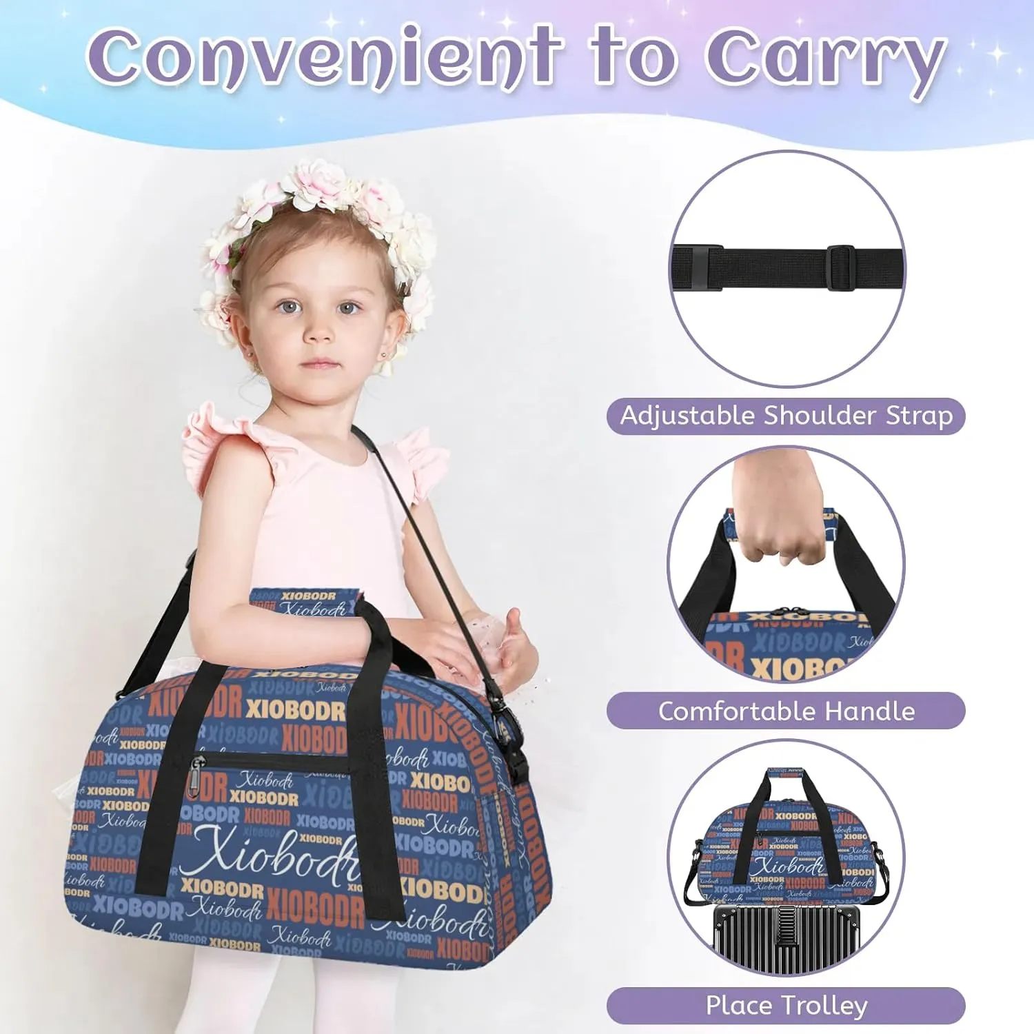 Personalized Cute Duffle Bag - Custom Name Kids Sports Bag, Sleepover Bags for Girls, Lightweight Toddler Boys Overnight Bag for Weekender Travel Cheer Dance Ball Game, Dark Moderate Blue