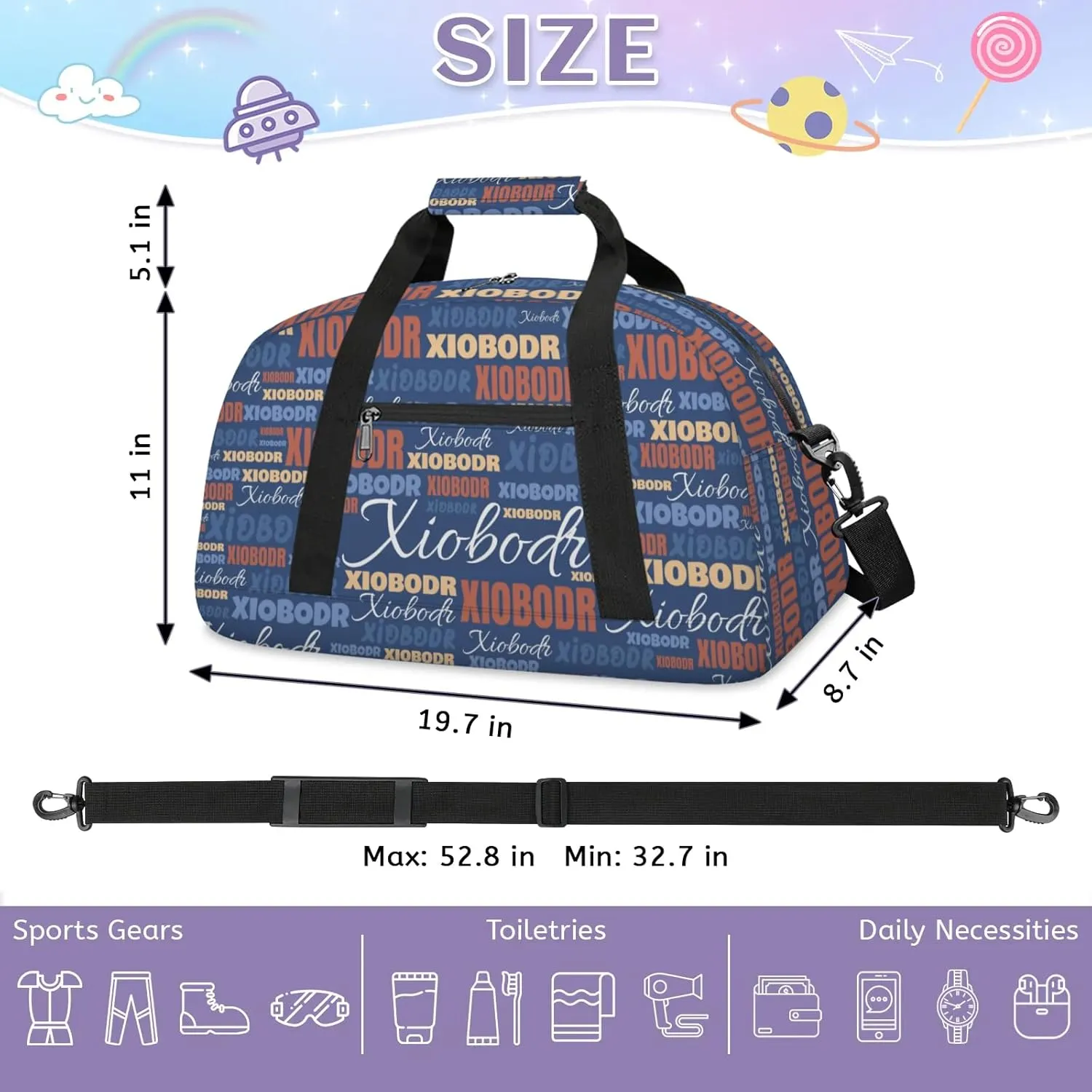 Personalized Cute Duffle Bag - Custom Name Kids Sports Bag, Sleepover Bags for Girls, Lightweight Toddler Boys Overnight Bag for Weekender Travel Cheer Dance Ball Game, Dark Moderate Blue