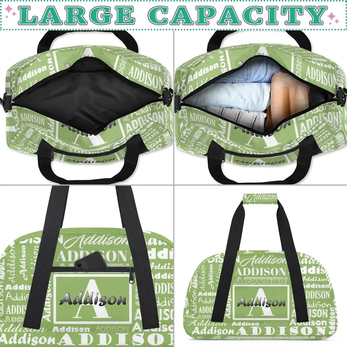 Personalized Duffel Bag Cheerleading Dance Bag Custom Name Text Sport Gym Bags Travel Weekend Travel Bag Overnight Bag for Women/Men, Sage Green
