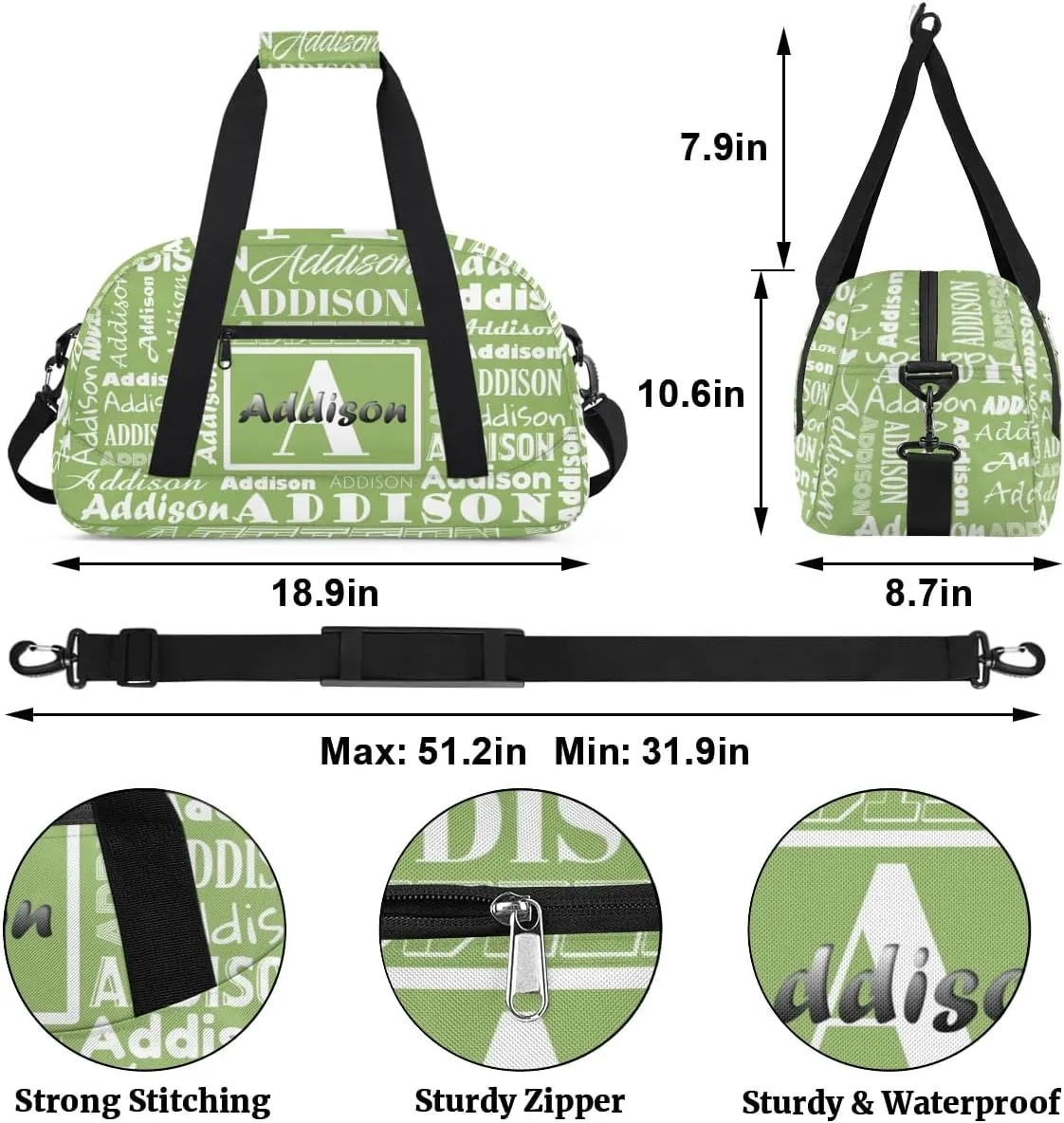 Personalized Duffel Bag Cheerleading Dance Bag Custom Name Text Sport Gym Bags Travel Weekend Travel Bag Overnight Bag for Women/Men, Sage Green