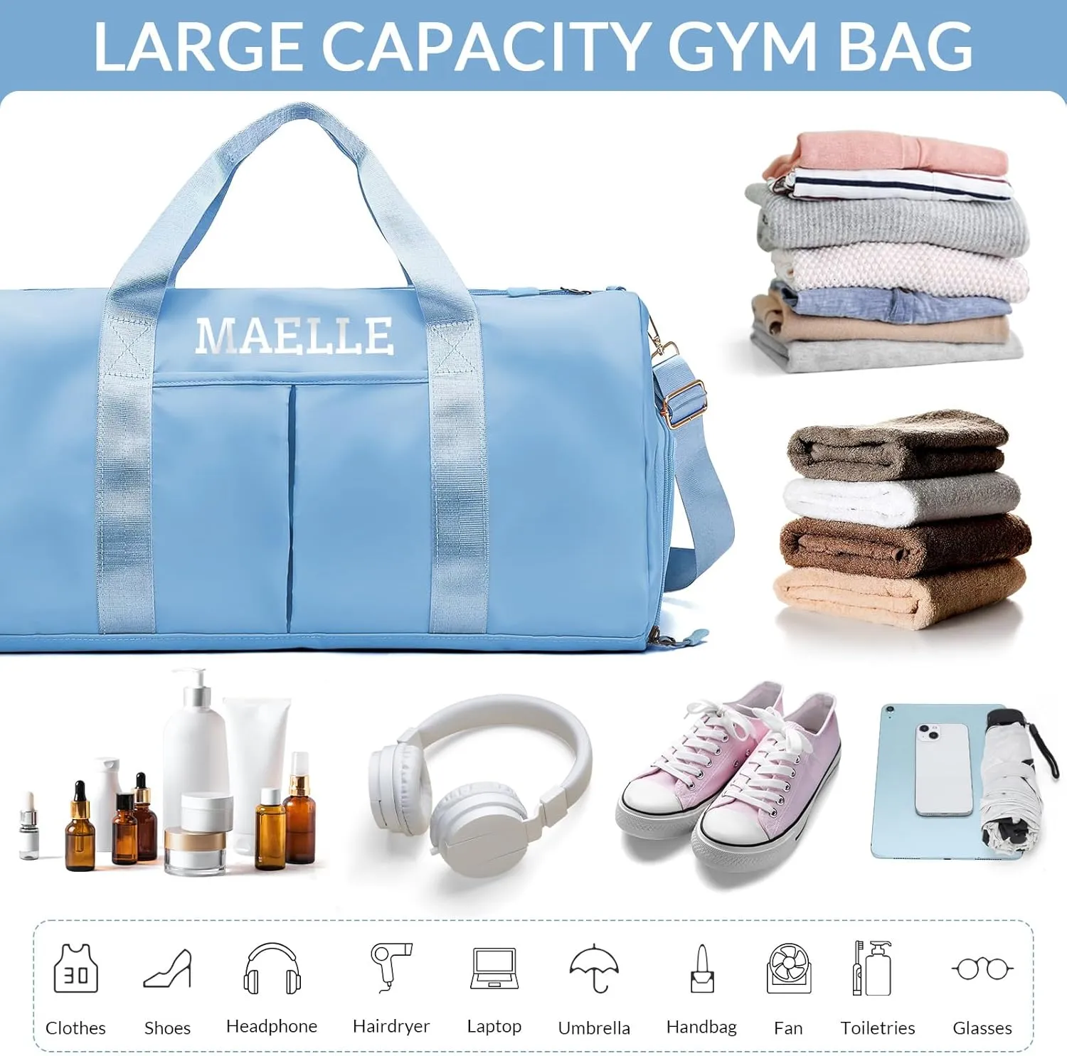 Personalized Duffle Bag, Custom Name Sports Gym Bag with Shoe Compartment&Dry Pockets, Waterproof Weekender Bags for Women and Men,Swim Dance Gym Travel Bag, Gifts for Groomsman,Bridesmaid