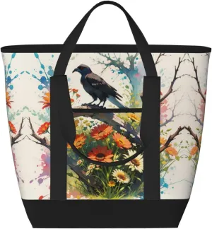 Personalized Insulated Tote Bags for Women with Zipper, Custom Large Capacity Casual Shoulder Handbags, Customized Cooler Shopping Grocery Travel Lunch Bag, Crow Colorful Sunflowers