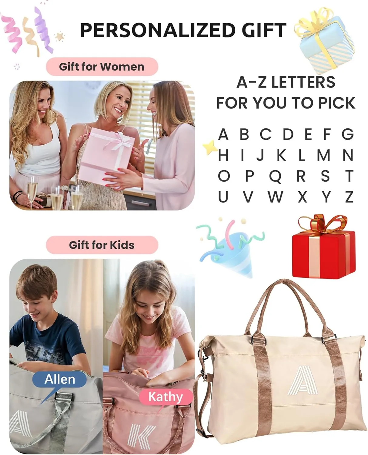 Personalized Kids Birthday Gifts, Initial Travel Duffel Bag, Personalized Weekender Bag，Monogram Overnight Bag Wedding Gift, Teacher Girls Bridesmaid Gifts Sister Gift (Letter J)