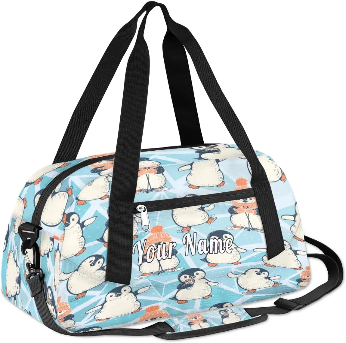 Personalized Kids Duffel Bag Cute Penguin Pattern,Custom Sport Gym Bag for Boys Girls,WWeekender Overnight Bags Travel Duffel Bag,Customized Kids Gift