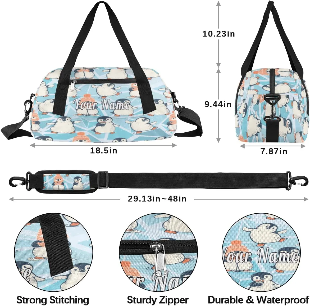 Personalized Kids Duffel Bag Cute Penguin Pattern,Custom Sport Gym Bag for Boys Girls,WWeekender Overnight Bags Travel Duffel Bag,Customized Kids Gift