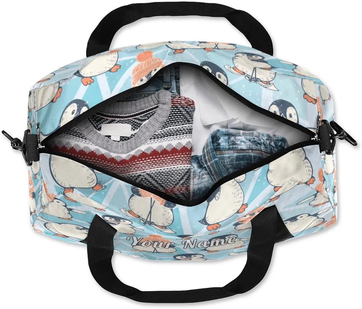 Personalized Kids Duffel Bag Cute Penguin Pattern,Custom Sport Gym Bag for Boys Girls,WWeekender Overnight Bags Travel Duffel Bag,Customized Kids Gift